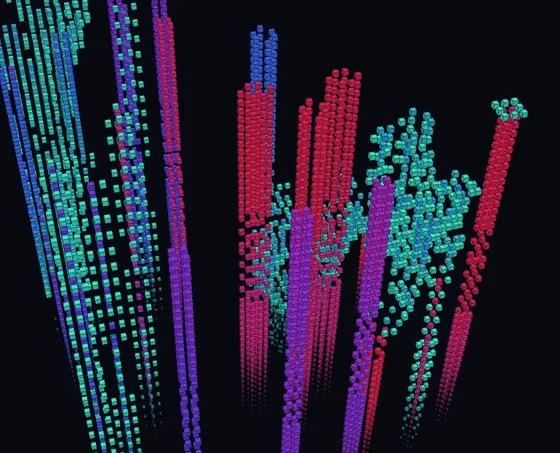 Columns of coloured cubes rising out of a black field, each column the stacked
history of one cell across generations of Conway’s Game of
Life.